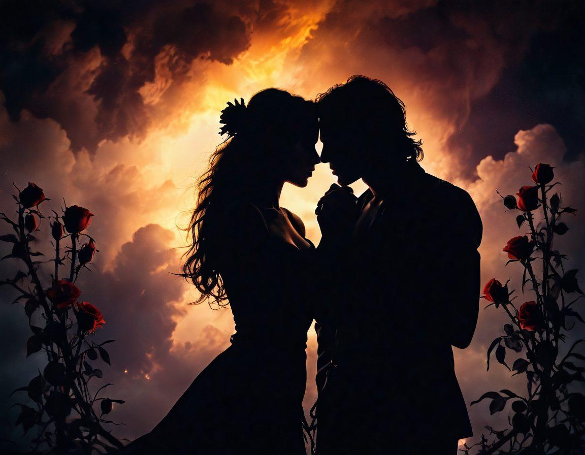 A shadowy silhouette of two figures intertwined in an embrace, surrounded by swirling dark clouds and flickering candlelight, representing tumultuous love. Soft, ethereal tendrils of mist weave through their fingers, symbolizing deep affection and commitment. A backdrop of bruised sunset colors hints at the complexities of turbulent relationships. gothic elements like roses, thorns, and hidden secrets float around them. moody and atmospheric. dark romance style. vibrant yet muted colors.