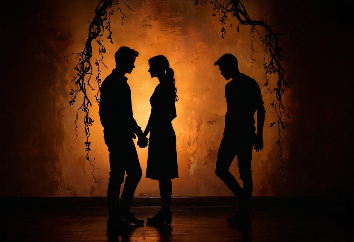 A poignant scene depicting two silhouettes in a dimly lit room, their forms casting shadows on the wall, symbolizing the emotional ties between them. The background should be a tumultuous blend of dark and warm colors, representing both turmoil and warmth in relationships. Subtle symbols of love and conflict, like broken chains and intertwined vines, can be incorporated within the shadows. Mysterious and evocative atmosphere. digital painting. vibrant colors.