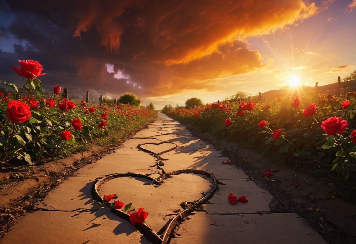 A heart split in two, one side vibrant and colorful with symbols of love like roses and laughter, while the other side is dark and stormy, representing pain and heartache. In the background, a winding path symbolizes the journey of love, with footprints leading in both directions. The setting sun casts an ethereal glow on the scene, highlighting the contrasts between joy and sorrow in relationships. super-realistic. vibrant colors. dramatic lighting.